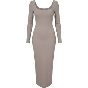 Lelis Collection Small Ribbed Maxi Dress Womens Tan Square Neck Long Sleeve Slit